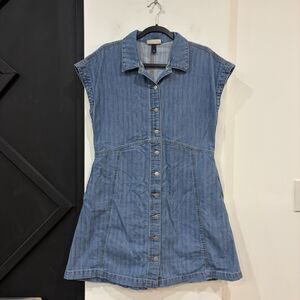 Universal Thread Button Front Striped Sleeveless Denim Dress Medium Pockets